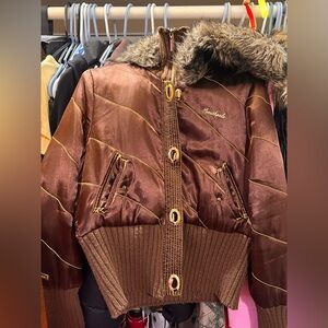 South Pole Shiny Brown Bomber Jacket with Faux Fur